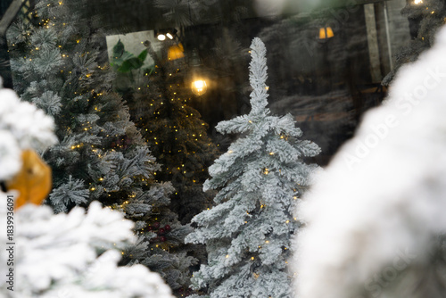 A festive display of snow-covered Christmas trees adorned with warm fairy lights is seen through a frosted window.