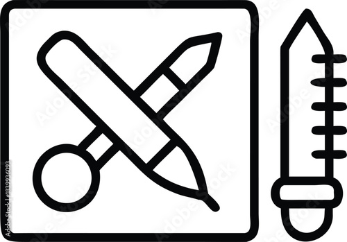 Stylized black and white line art showcases cosmetic applicators and measurement tools isolated in format