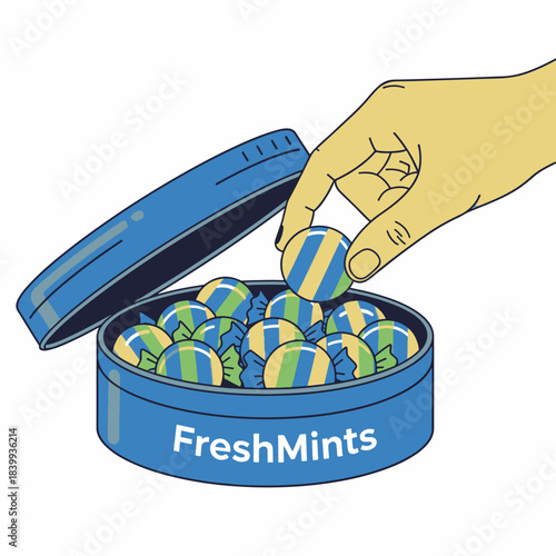 A hand choosing a colorful striped mint candy from an elegant round tin