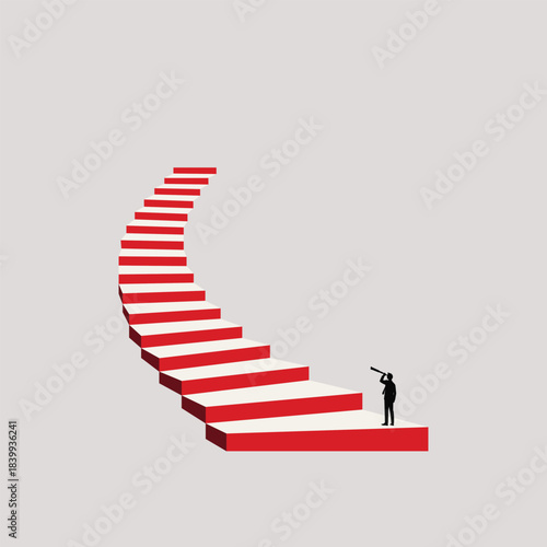 Minimalist vector illustration of a person facing a long flight of stairs. Symbolizes a career journey, future challenges, ambition, and the first step towards achieving a goal, on white