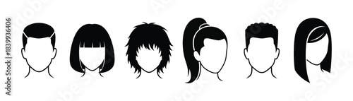 Diverse vector collection of modern male and female hairstyles, showcasing various haircuts and hair lengths perfect for avatar or profile design