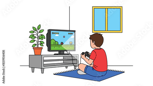 A young boy enjoys playing video games indoors near a window and plant