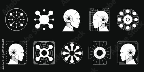 AI Technology Heads Vector  Futuristic Neural Interface and Digital Network Diagram.