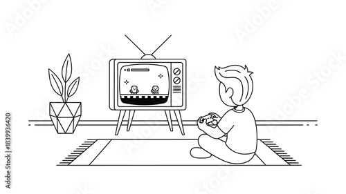A child sits and enjoys playing video games in front of a retro television