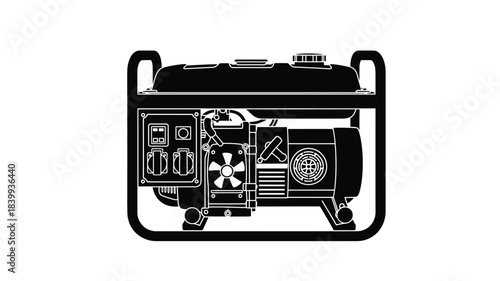 Detailed black and white illustration of a portable power generator with visible components