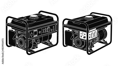 Detailed black and white line drawing of two portable power generators