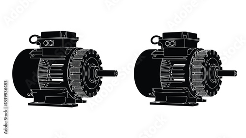 Detailed illustration of two industrial electric motors with visible components