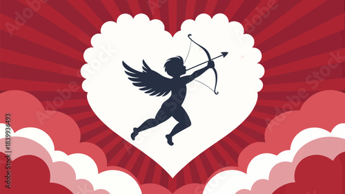 Cupid silhouette in flight shooting arrow, symbol of love and romance