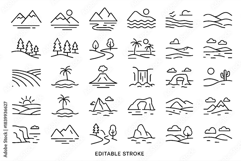 Fototapeta premium Mountain & Nature Landscape Line Icons Set Editable Stroke Vector Icons for Outdoor Travel