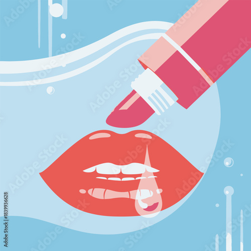 Stylized graphic of vibrant lipstick enriching captivating lips with droplets