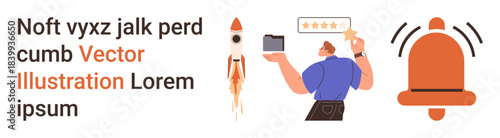 Customer satisfaction, business growth, notifications, digital communication, feedback management, goal achievement. Man holding a five-star review with a rocket and bell icon. Customer satisfaction