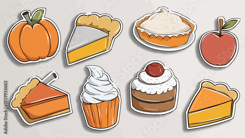 Flat lay of various cartoon dessert icons including pumpkin pie and apple on a plain background.