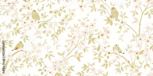 Delicate floral pattern with small green birds perched on branches