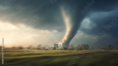 Tornado approaching building in stormy sky