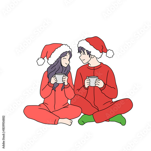 Christmas themed illustration PNG, illustration of a male and female couple celebrating Christmas with a cup of coffee