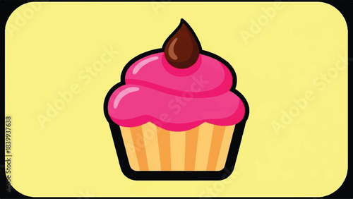 Delicious Cartoon Cupcake with Pink Frosting and Chocolate Drizzle.