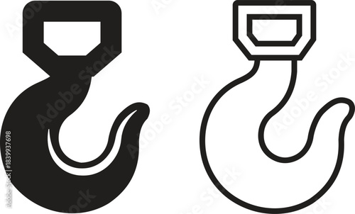 Lifting hook icons set, crane, industrial lifting equipment symbols, heavy duty load , shackle and safety latch variations in solid and outline vector illustration isolated on transparent background