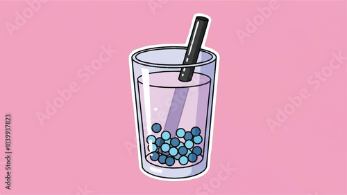 Illustration of a glass of bubble tea with tapioca pearls and a straw.