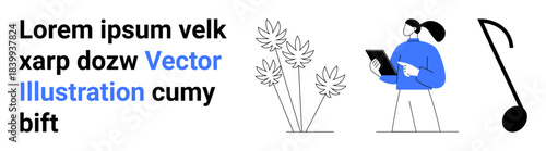 Typography, music, nature, digital work, creativity, arts. Combination of text, plant designs person holding a tablet and musical note. Typography and music illustrated