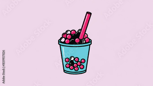 Boba Tea Illustration with Straw and Tapioca Pearls.