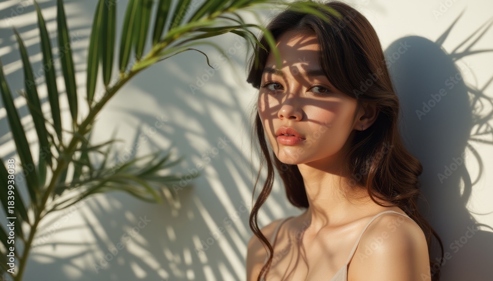 Fototapeta premium Woman with soft features illuminated by shadows of palm leaves