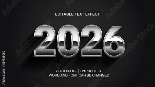 Obraz na płótnie Editable text effect 2026 chrome silver number typography design