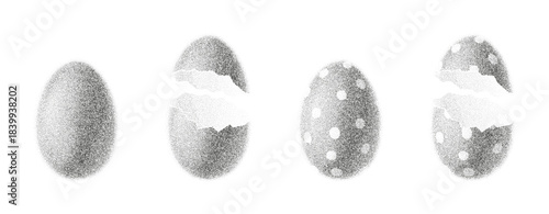 Easter Eggs with black dotwork grain texture. Vector eggs with abstract stipple sand effect. Easter eggs with holiday patter and gradient from dots isolated on white background.