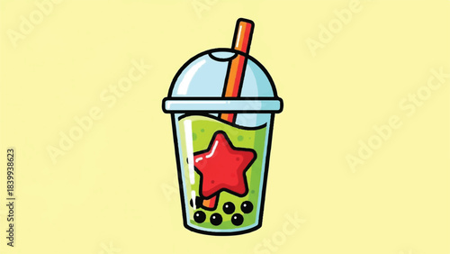 Cartoon Boba Tea with Star and Tapioca Pearls Illustration.