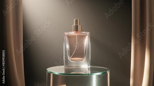 Elegant Perfume Bottle Displayed on a Glass Stand.