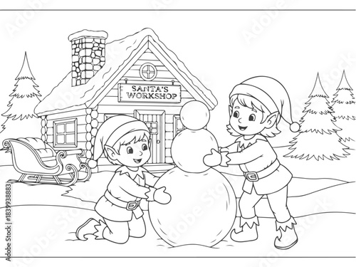 Two cheerful elves are building a snowman in front of Santa's workshop on a snowy day.