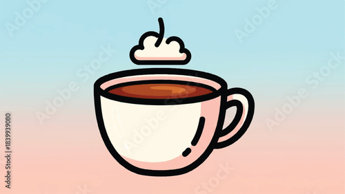 Illustration of a steaming cup of coffee with whipped cream.