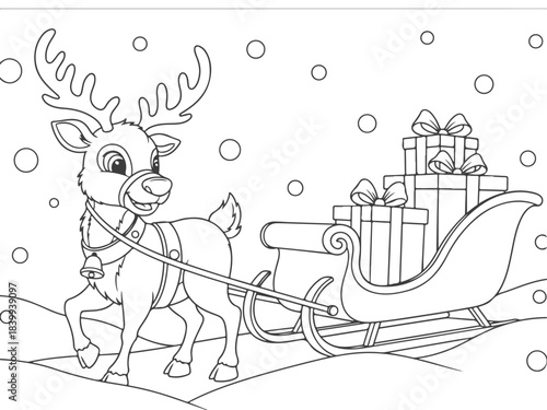 A cute cartoon reindeer pulling a sleigh full of gifts through falling snow.
