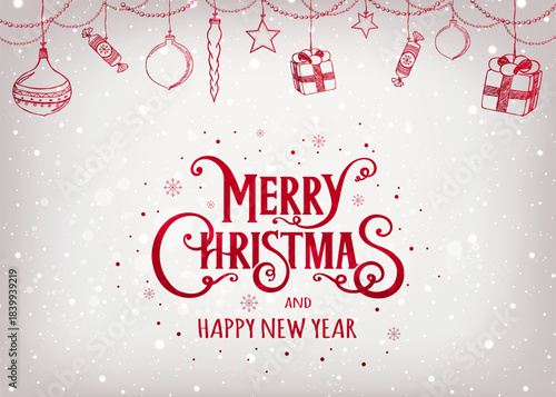 Merry Christmas and Happy New Year text on light background with hand drawn decoration, glitter, bokeh and snowflakes. Holiday Xmas card. Vector Illustration