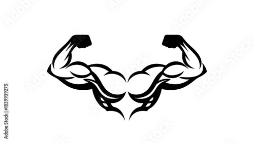 A stylized black and white graphic illustration of two muscular flexed biceps with tribal-like designs.