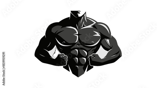 A stylized black and grey muscular male torso, showcasing strong physique and defined abs, isolated on a white background, representing strength and fitness.