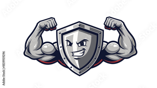 Shield of Strength: A strong shield flexes its cartoon arms, embodying protection and resilience. Representing safety and defense. 
