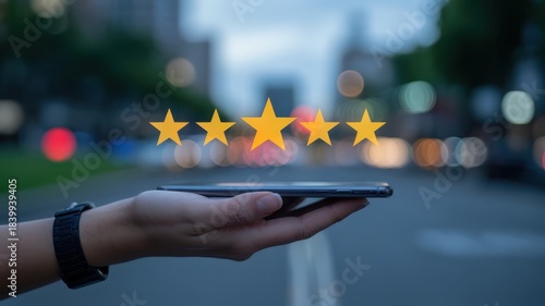 Person holding handheld electronic device displaying five gold stars above city street at dusk