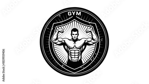 A black and white illustration of a muscular man flexing his biceps inside a shield emblem with the word "GYM" at the top.