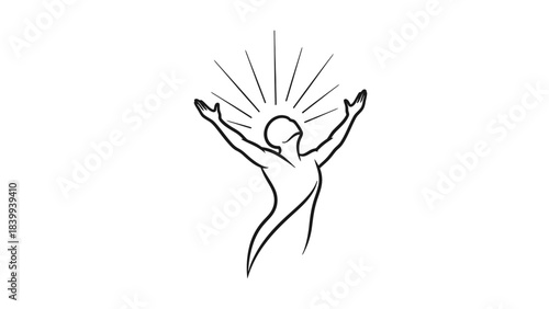 A minimalist line art drawing of a person with arms raised towards a radiating light, symbolizing hope, success, or spiritual awakening.
