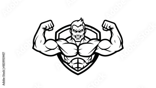 Black and white illustration of a muscular man flexing biceps with a shield background.