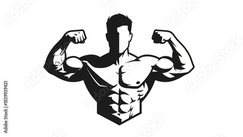 A strong, muscular figure with flexed biceps and a shield featuring a determined face, symbolizing power and protection.