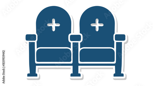 Two Blue Theater Seats With White Outlines and Plus Symbols On Backrests Isolated On White Background
