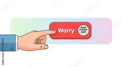 Hand pressing a red Worry Main Power Off button, symbolizing stress relief and mental well-being.