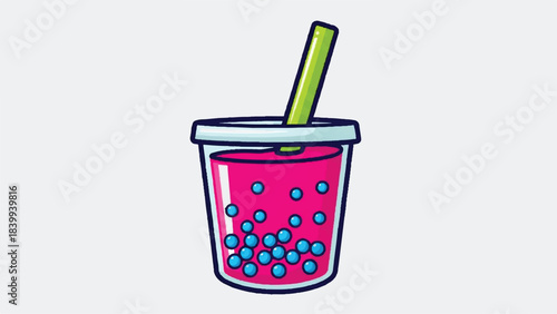 Cartoon Illustration of a Pink Boba Tea Drink with Green Straw.