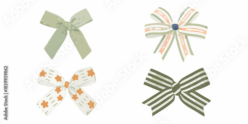 Four decorative bows in pastel shades with unique patterns displayed on white