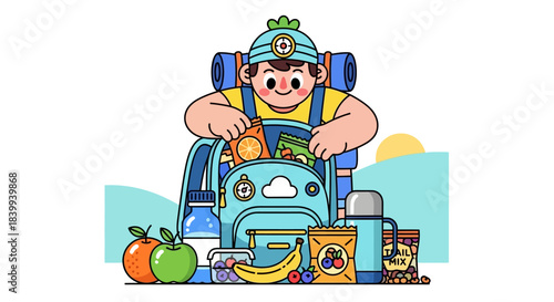 Young man packing backpack for outdoor adventure trip.