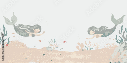 Two whimsical mermaids swimming amongst coral and marine life in soft hues