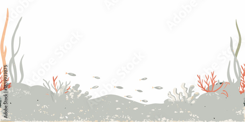 Underwater scene with coral fish and seaweed in a muted color palette