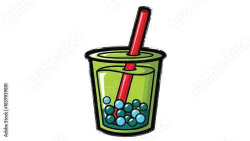 Illustration of a refreshing bubble tea drink with tapioca pearls.