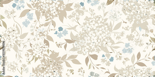 Delicate floral pattern with muted tones of beige blue and white
